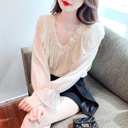 Women's Blouses Fashion Lace Blouse 2024 Elegant And Youth Woman Korean Clothes For Women V-neck Thin Super Fairy Shirt