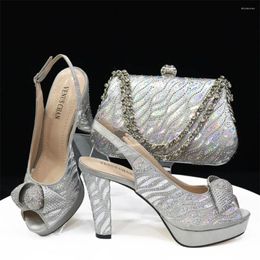 Dress Shoes Mature Sweet Spot Goods 2024 Silver High Quality Peep Toe Design Classics Ladies Matching Bag Set For Party