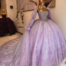 Luxury Lilac Shiny Princess Ball Gown Quinceanera Dresses Appliques Lace Beads Tull Rhinestones Vestidos De 15 Anos