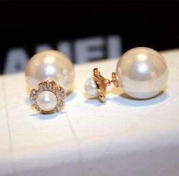 Wholer glittering ins fashion designer double sided lovely cute flower crystals diamonds pearl stud earrings for woman girls8956335