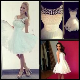 In Stock Little White Cocktail Party Dresses Sheer Neck Pearls Lace Appliques Short Prom formal Gowns Beach Summer 2024 Cheap