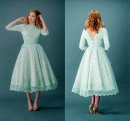 1920s' Vintage Lace Prom Dresses Half Sleeves Mint Green Tea Length Spring Plus Size Backless Evening Party Dresses Graduation Dresses