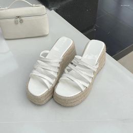 Slippers Cross Strap Women Wedges Sandals 2024 Summer Rattan Grass Weave Platform Gladiator Shoes Woman Comfort Casual High Heels