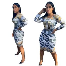 2024 Slim Bodycon Dress Women Designer Print Long Sleeved Short Mini Dresses Free Ship