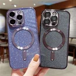 With Lens Protector Electroplate Phone Case For iPhone 15 14 11 12 13 Pro Max For Magsafe Wireless Charge Bumper Glitter Cover