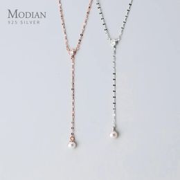 MODIAN 925 Sterling Silver Shiny Zircon Y-Shape Elegant Pearl Pendant Necklace for Women Rose Colour Gold Necklace Fine Jewellery 240220