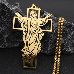 Pendant Necklaces Jesus Cross Stainless Steel Necklace Gold Color For Women/Men Religious Christian Jewelry Collier N4573S02