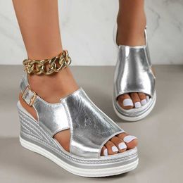 Sandals Gold silver PU leather wedge sandals suitable for women 2023 summer diaper toe platform sandals womens plus size thick sole sandals J240224