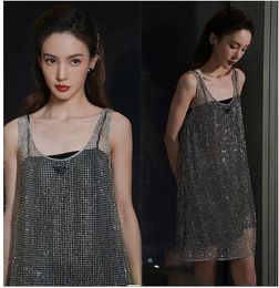 Women's Casual Dresses lady dress summer Bright diamond camisole vest skirt with full water diamond sleeveless round neck mid length dress Free Size