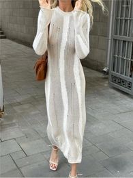 Casual Dresses Long Sleeve Bodycon Autumn Fashion Streetwear Woollen Robe White Patchwork Frayed Knitted Dress Women Elegant O-neck