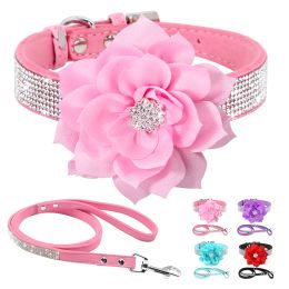 Collars Bling Rhinestone Dog Collar and Leash Set Suede Leather Puppy Cat Collars Walking Lead Rope Flower Dogs Necklace For Party Show