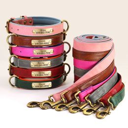 Collars Personalized Dog ID Collar With Leash Soft Padded PU Leather Dogs Collar and Leash Set Antilost Tag For Small Medium Large Dogs