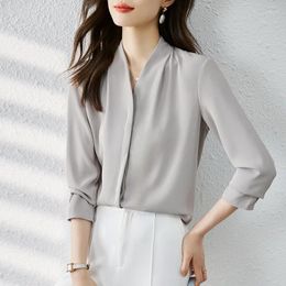 Women's Blouses V Neck Cover Buttons Grey Shirts Office Ladies Long Sleeve Spring Autumn Blouse Female 2024 Elegant Workwear Tops