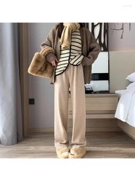 Women's Pants 2024 Winter Thicken Wide Leg Knitting Warm Velvet Lined Casual Thick Plush High Waist Trouser Korean Women Snow