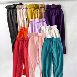 Women's Pants 20Color Women Office Ankle-Length Suit Vintage Straight High Waist Belt Slim Female Solid Casual Spring Summer