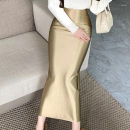 Skirts Spring Fall Women High Waisted Wine Red Black Golden Slim Imitation Silk Skirt Woman Elegant Fashion Ankle Length Satin