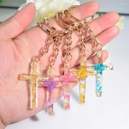 Keychains Fashion Dry Flower Star Resin Cross Keychain Multicolour Metal Key Ring For Women Men Car Handbag Pendant Christian Gift