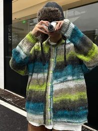 Winter Colourful Cardigan Sweater Stripe Rainbow Knitted Button Coat Fashion Contrast Colour Sweater Coat Y2K Couple Knitwear 240219