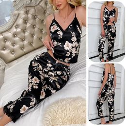 Women's Sleepwear 2PCS Print Pajamas Set Sexy Strap Top Pants Pijamas Sleep Suit Summer Women Silky Satin