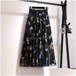 Skirts Womens Bohemian Mid-Length High Skirt Chiffon Floral Waist Beach Dress Belly Dance Drop Delivery Apparel Clothing Dhvlo