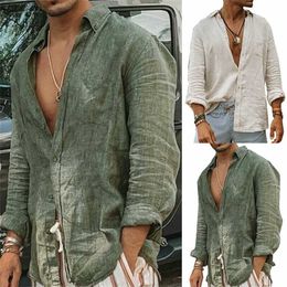 Men's Casual Shirts Mens casual cotton linen shirt standing collar mens solid Colour long sleeved loose top spring and autumn handsome mens shirtL2405