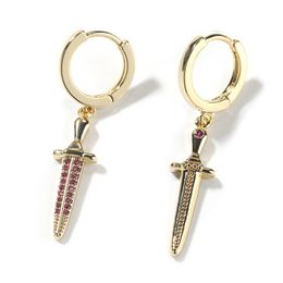 Fashion Women Mens Earrings Hip Hop CZ Diamond Sword Earings Hoops Iced Out Bling CZ Rock Punk Wedding Gift