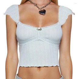 Women's Tanks Xingqing Y2k Crop Top Women Fairycore Clothing Lace Patchwork Square Collar Sleeveless Ribbed T Shirt With Litter Flower Decor