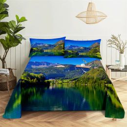 sets Natural Scenery0.9/1.2/1.5/1.8/2.0m Bedding Sheet Home Digital Printing Polyester Bed Flat Sheet With Pillowcase Print Bed Sheet