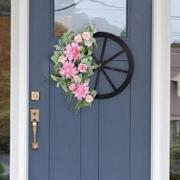 Decorative Flowers Spring Wreath Pink Artificial And Wheel Handmade For Home Door Decor