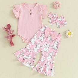 Clothing Sets Baby Girl Easter Set Short Sleeve Ribbed Romper Elastic Waist Flare Pants Rabbit Print Headband Toddler 3 Piece Outfits