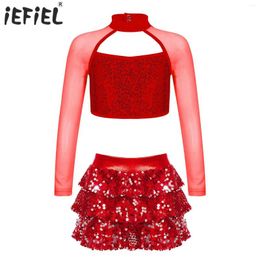 Stage Wear Kids Girls Sequins Ballet Dance Sets Long Sleeve Crop Top With Tiered Ruffle Skirted Shorts For Latin Jazz Dancing Costume