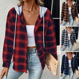 Women's Hoodies 2024 Autumn Plaid Shirt Women Hooded Button Up Female Ladies Loose Checkered For Wine Red