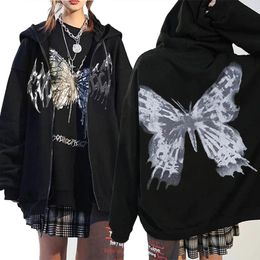 Women's Hoodies Womens Butterfly Print Harajuku Oversized Long Sleeve Zip Up Hooded Jacket Autumn Hip Hop Punk Black Gothic Sweatshirts