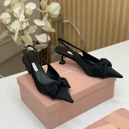 Casual Designer Fashion Women Sandals Black Genuine Leather Satin Bow Point Toe High heels Slingback Sandals Party Shoes New