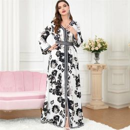 Ethnic Clothing Muslim Abaya Print Women Split Hem Long Maxi Dress Turkey Arab Robe Belted Party Islamic Eid Ramadan Kaftan Dubai Moroccan