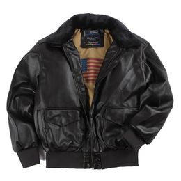 Winter Vintage A2 leather jacket men streetwear Removable fur flight motorcycle bomber padded air force coat 240222