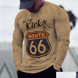 Men'S T-Shirts Mens 3D Long Sleeve Print Top Casual Cotton Vintage T Shirt Route 66 Tee Loose Sports O-Neck Clothing 5Xl Drop Delive Ot31J
