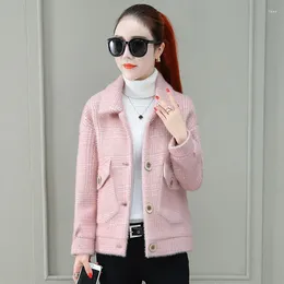 Women's Jackets Faux Mink Jacket Women Korean Lapel Knitted Crop Top Pocket Chic Cardigan Long Sleeves Single-breasted Plaid