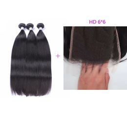 Brazilian Peruvian Virgin Hair Double Wefts With 6X6 HD Lace Closure Silky Straight Free Part Natural Colour Body Wave 10-30inch 4 PCS/lot