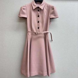 Party Dresses 24 High Quality Pink Bubble Sleeve A-line Dress Designer Elegant Single Breasted Belt Fashion Evening Midi