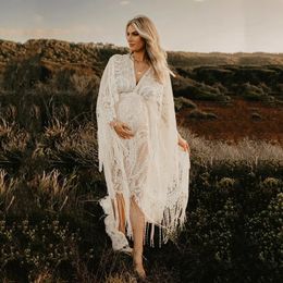 Boho Lace Maternity Pography Props Dresses Free Size Adjustable Pregnancy Po Shoot Bohemian Long Dress Sides Slit 240219