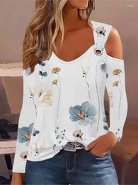 Women's Blouses Fashion Casual Loose Printed Metal Buckle V-neck Long Sleeved Shirt Tops 2024 Spring Autumn Sexy Off Shoulder Blouse Top