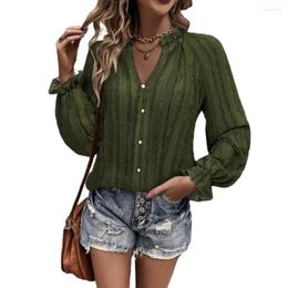 Women's Blouses Women Spring Shirt Striped Texture Blouse Soft Puff Sleeve Half-open Collar Button Decor For Fall Fashion Lady