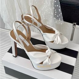 Designer pumps knotted satin platform open-toe sandals ankle strap block high heels women dress shoes leather evening party wedding shoe with box