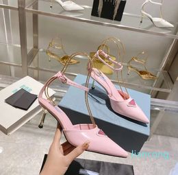 2024 Heeled Genuine Leather Pointed Toe Wrap Dress Shoe Ankle Strap Buckle Gold Silver High Quality Sandal