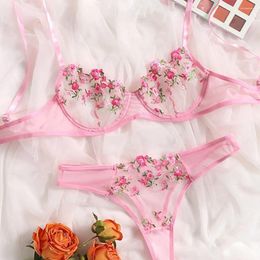 Bras Sets Women Sexy Lace Mesh Embroidery Transparent Suspender Straps Bra Thongs Set Sheer Nightclub Lingerie Sleepwear Ladies