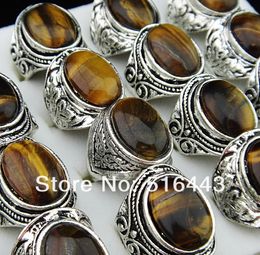 10pcs Vintgage Silver Natural Tiger eye Stones Retro Women Mens Rings Whole Jewellery Lots A6536475190