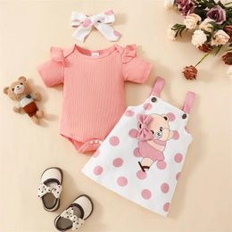 Clothing Sets Baby Girl Spring Summer Outfit 3Pcs Clothes Short Sleeve Romper Bear Suspender Skirt Overall Dress Headband