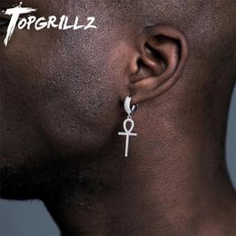 TOPGRILLZ Iced Zircon Ankh Cross Earring Gold Silver Colour Micro Paved AAA Bling CZ Stone Earrings For Man Women Hip Hop Jewellery 240220