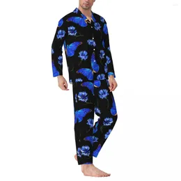 Men's Sleepwear Pyjamas Men Blue Floral Butterfly Graphic Night Butterflies Vintage Patchwork 2 Piece Pyjama Sets Oversized Home Suit